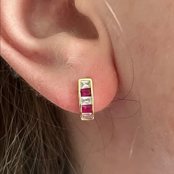 14k Yellow Gold Kids Small Earrings with Pink Gem Accents - Picture 1 of 14